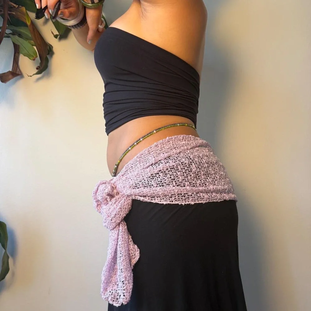 Vintage Y2K Baby Pink Sequin Knit Crochet Scarf Boho Fairy Coquette Hip Wrap
